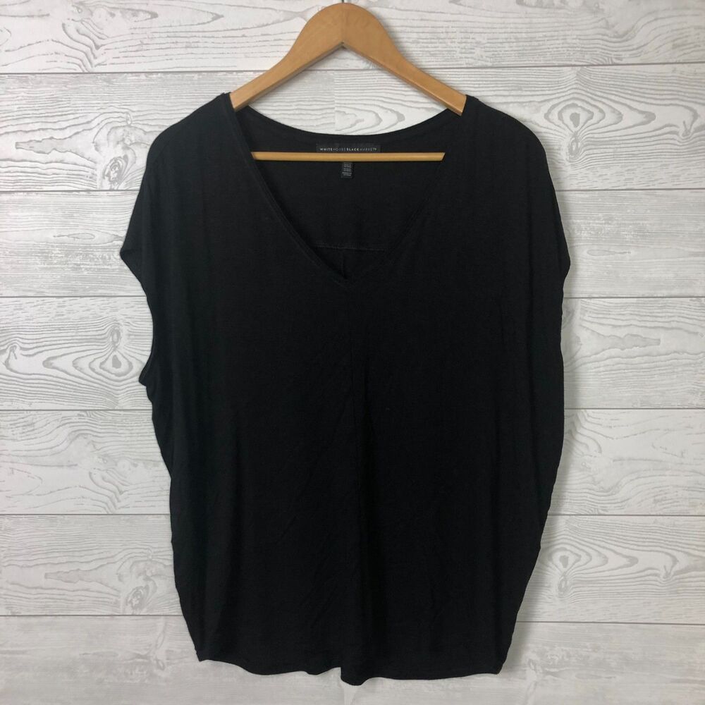 White House Black Market Women's Medium Jetsetter Tee Solid Black V Neck Shirt